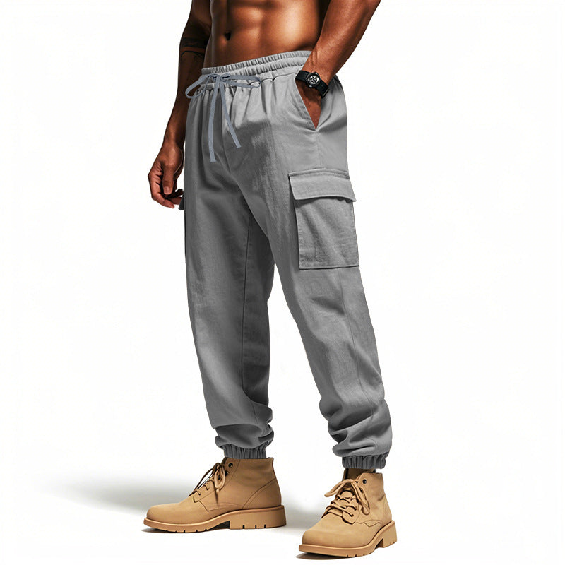 Loose Multi-pocket Workwear Ankle Banded Slacks Light Gray GlamzKart