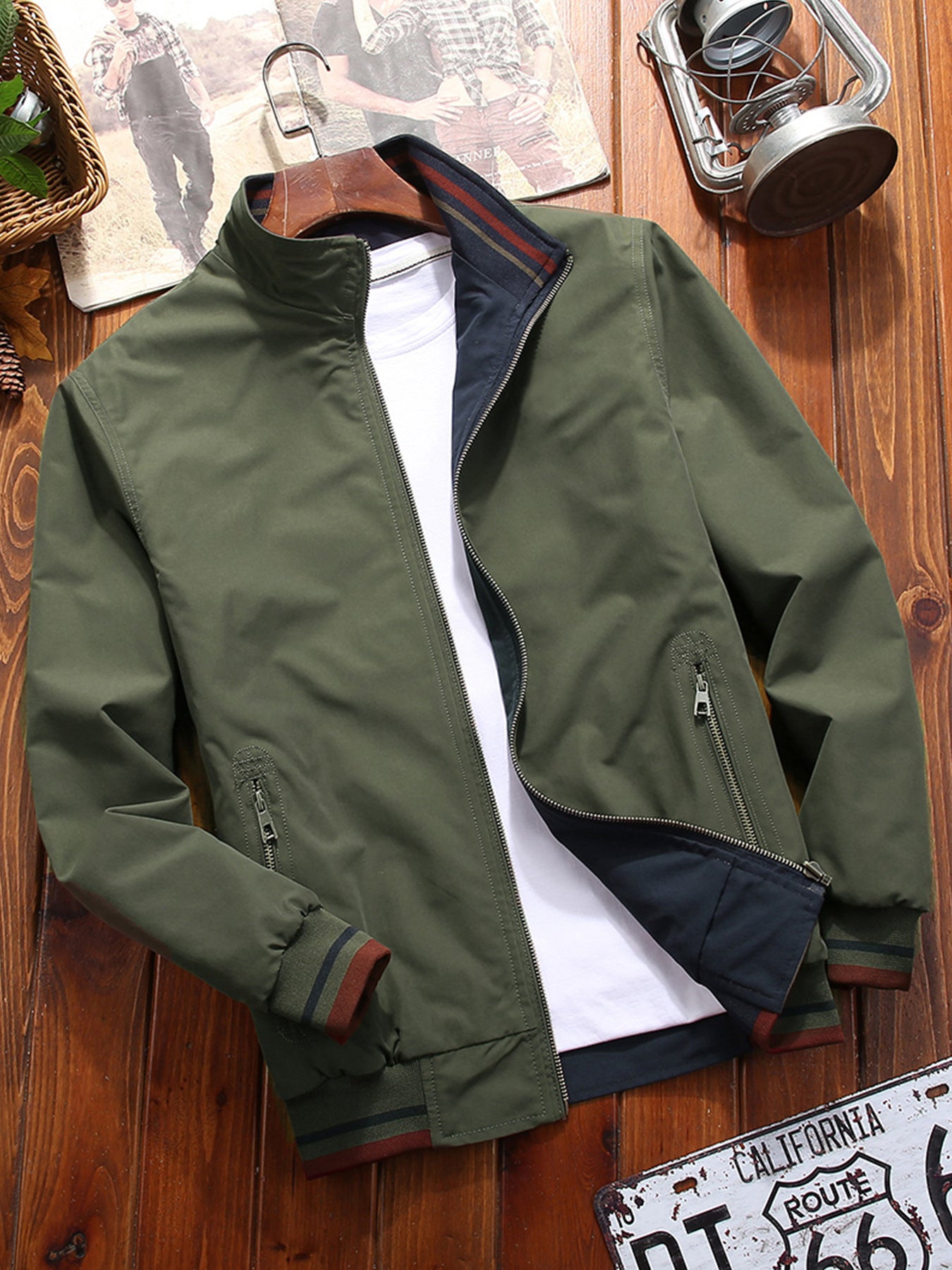 Men's Sports Jacket Double-sided Wear Stand Collar Casual Army Green GlamzKart