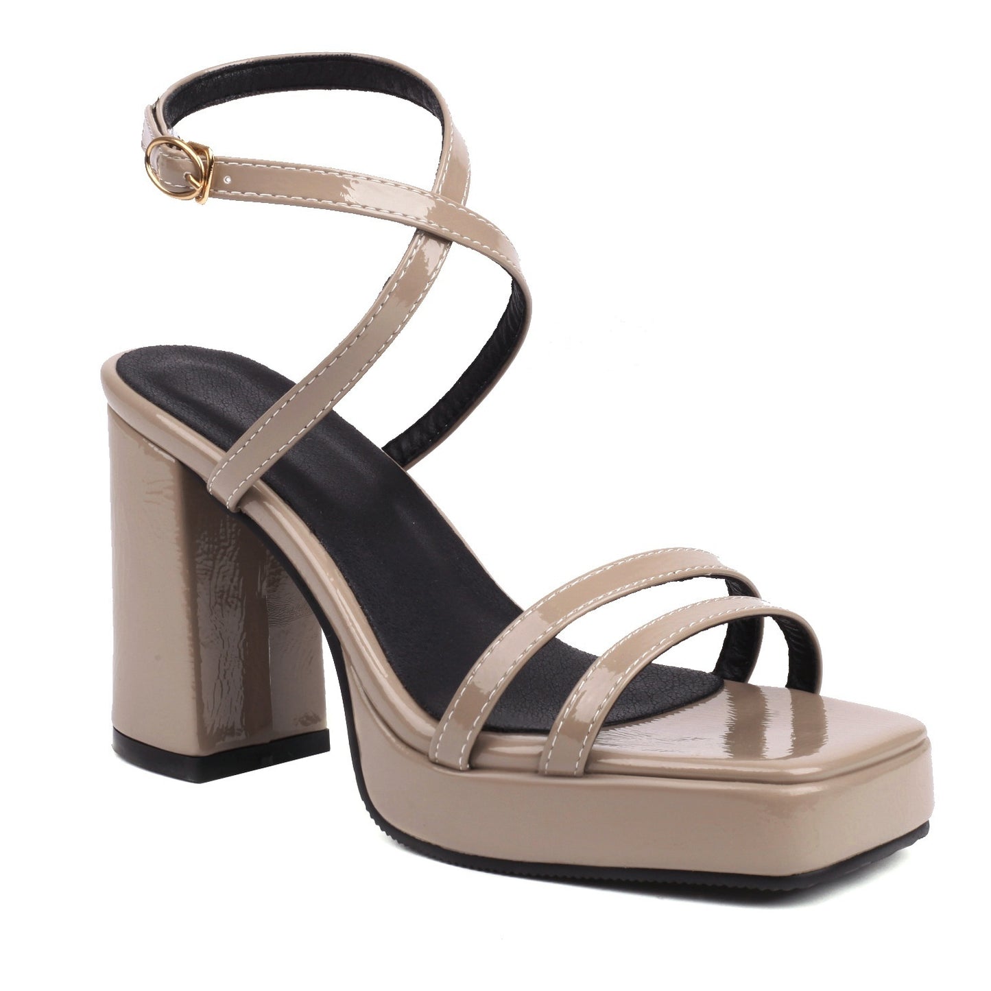 Summer Square Toe Thin Strap Buckle Wide Strap High Heels Apricot GlamzKart