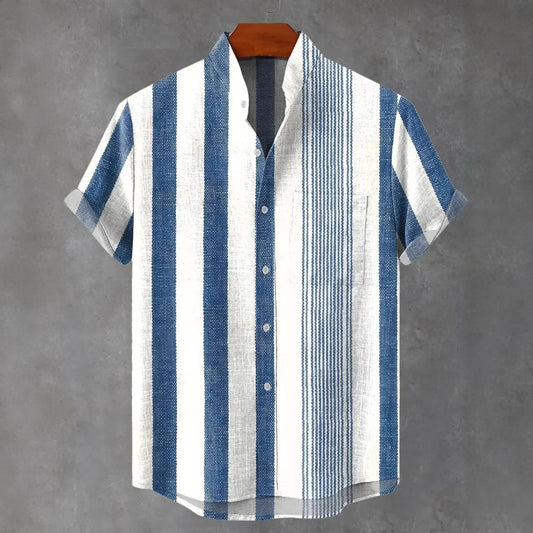 Men's Stand Collar Contrast Color Striped Casual Cool Versatile Short Sleeve GlamzKart