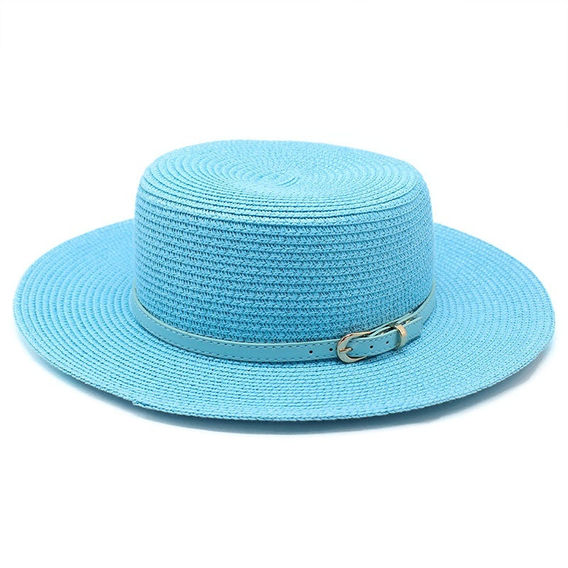 Wide Brim Flat Top Women's Spring And Summer Sun Beach Sun-proof Straw Hat Lake Blue M GlamzKart