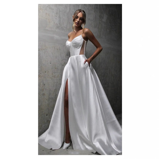 White Satin Slit Pocket Bandage Wedding Dress GlamzKart