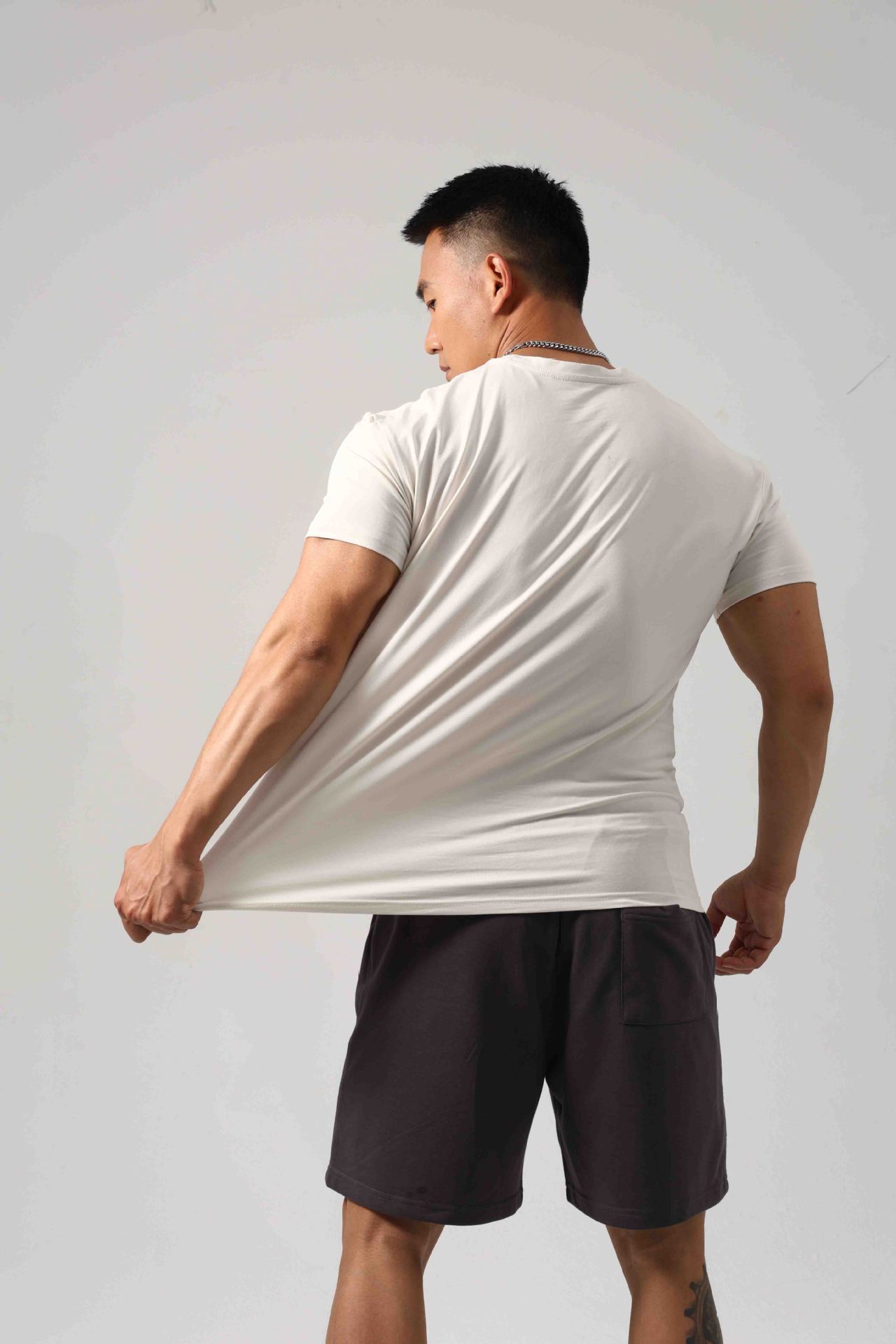 Men's Short Sleeve New Small Neckline Show Muscle Sports Fitness Short Sleeve Light Board G81 Beige GlamzKart