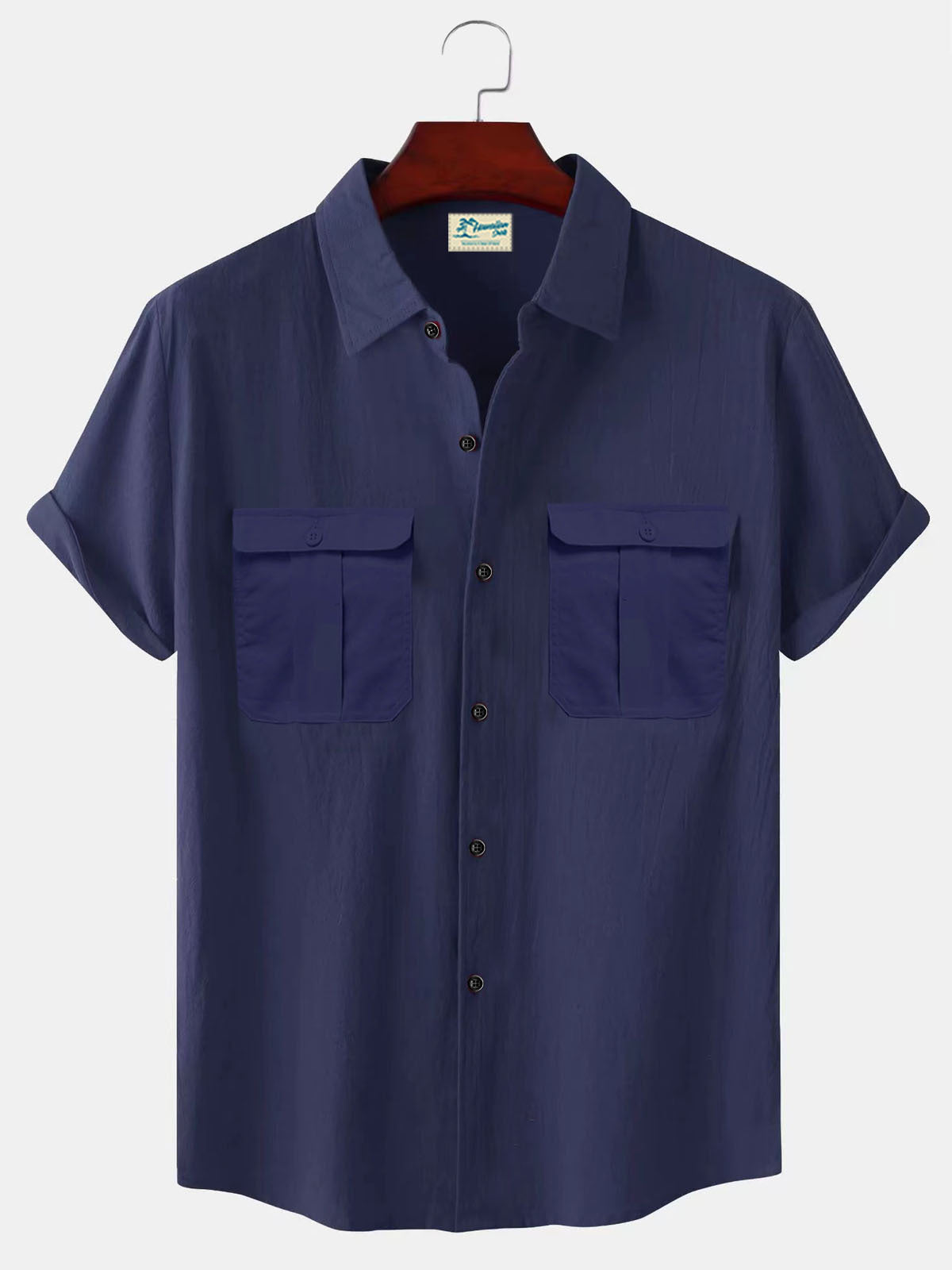 Solid Color Patchwork Linen Cardigan Short Sleeve Loose Lapels Men's Shirt Navy Blue GlamzKart