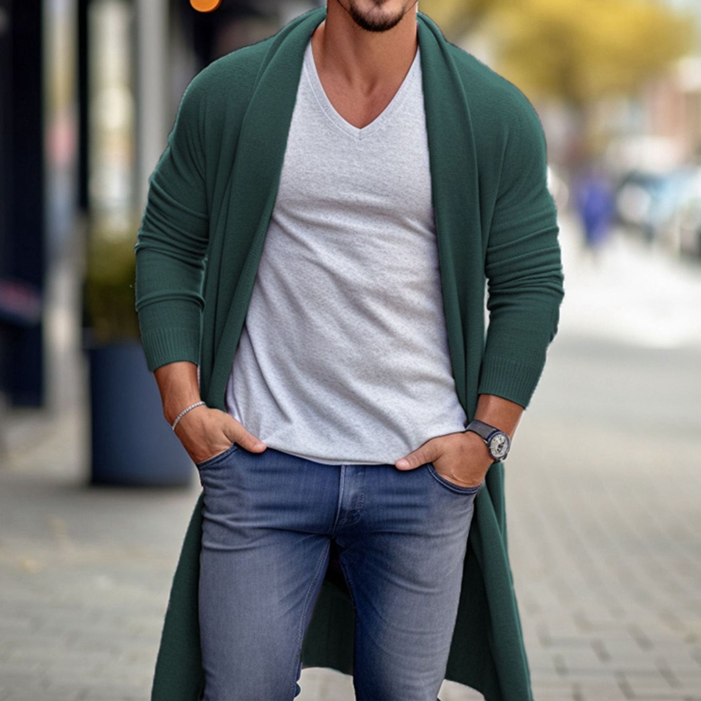 Fashion Personality Men's Loose Long Woolen Coat Green GlamzKart
