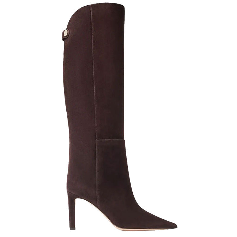 Simple European And American Style Fashion Catwalk Pointed-toe Stiletto Straight Boots Brown Suede GlamzKart