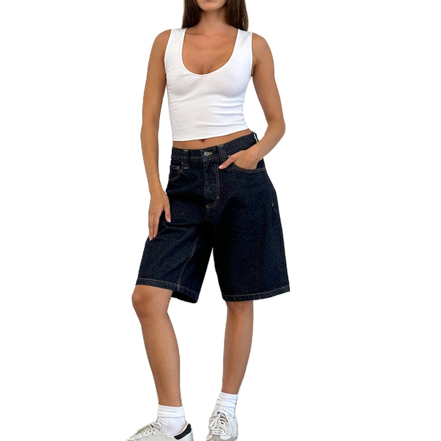 European And American Denim Shorts Bullet-free Fitted Figure Flattering Women's Pants Indigo Blue GlamzKart
