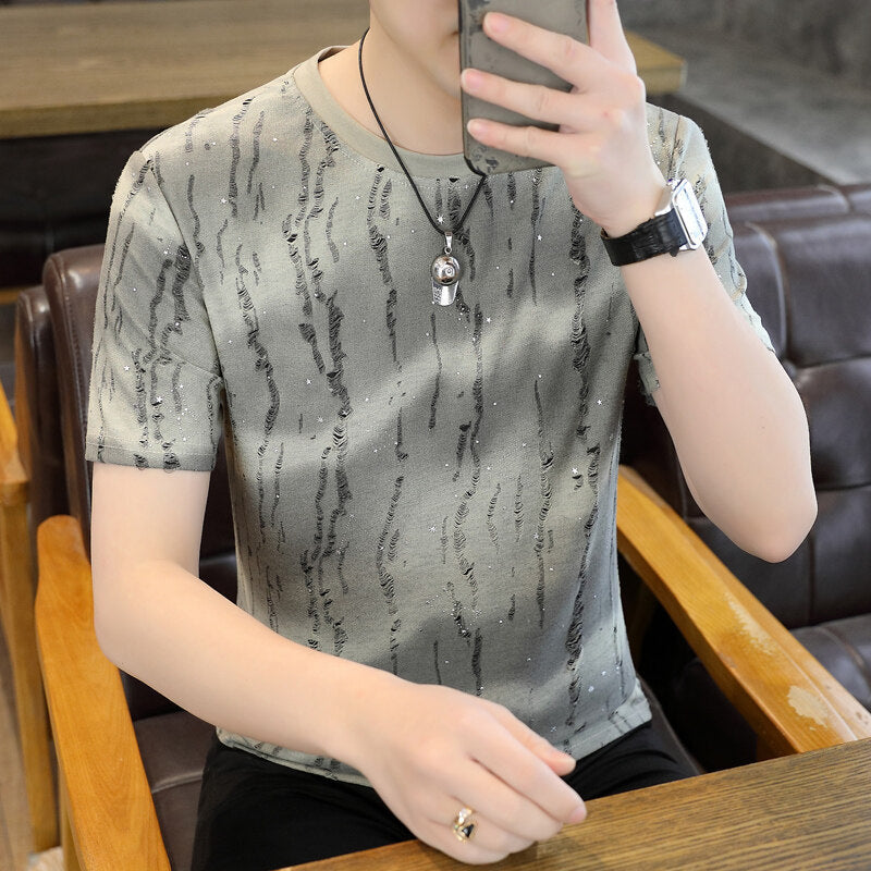 Ice Silk Short Sleeve T-shirt Casual Round Neck Top Light Gray GlamzKart