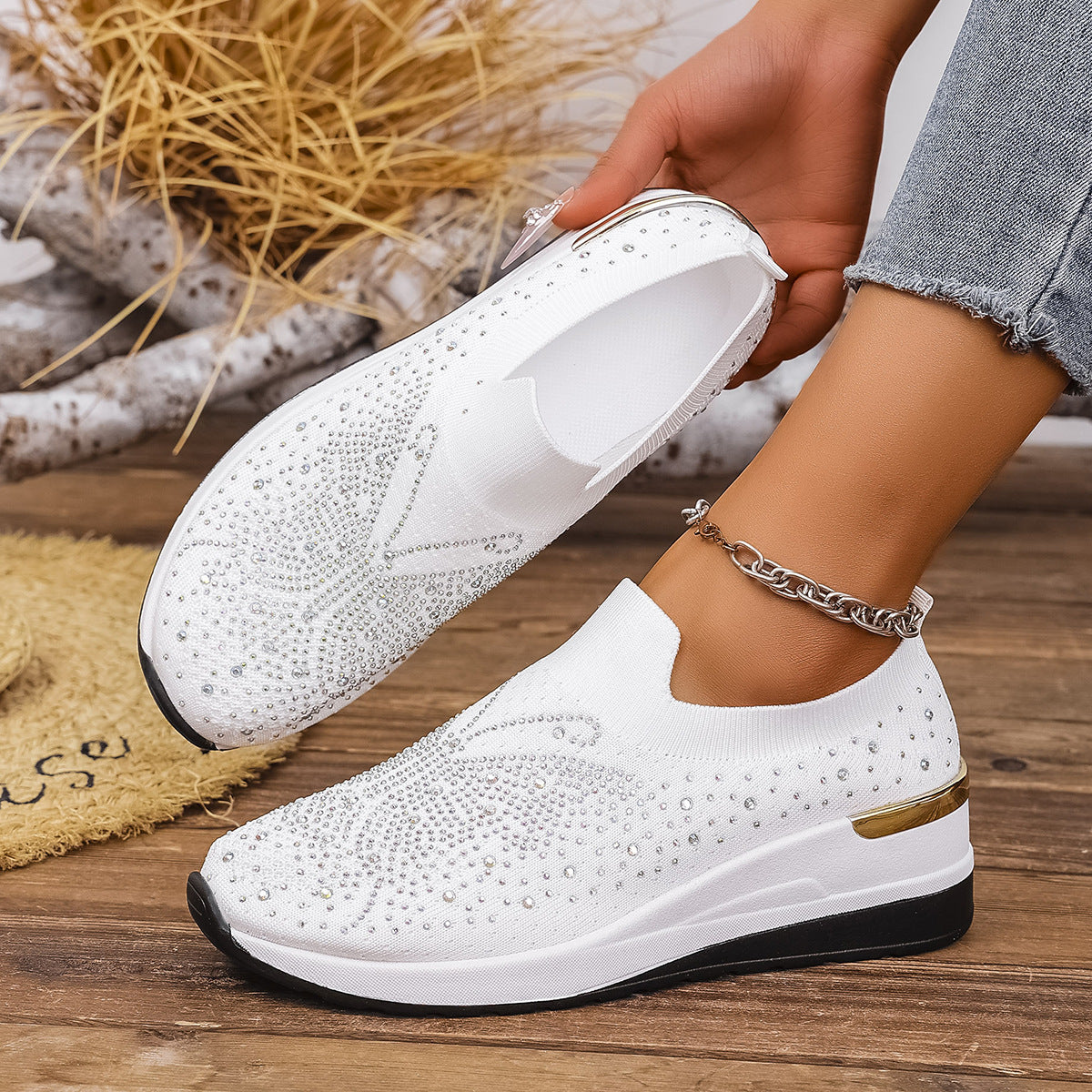 Pumps Women's Summer Wedge Round Toe Rhinestone Slip-on Women's Pumps Pumps White GlamzKart