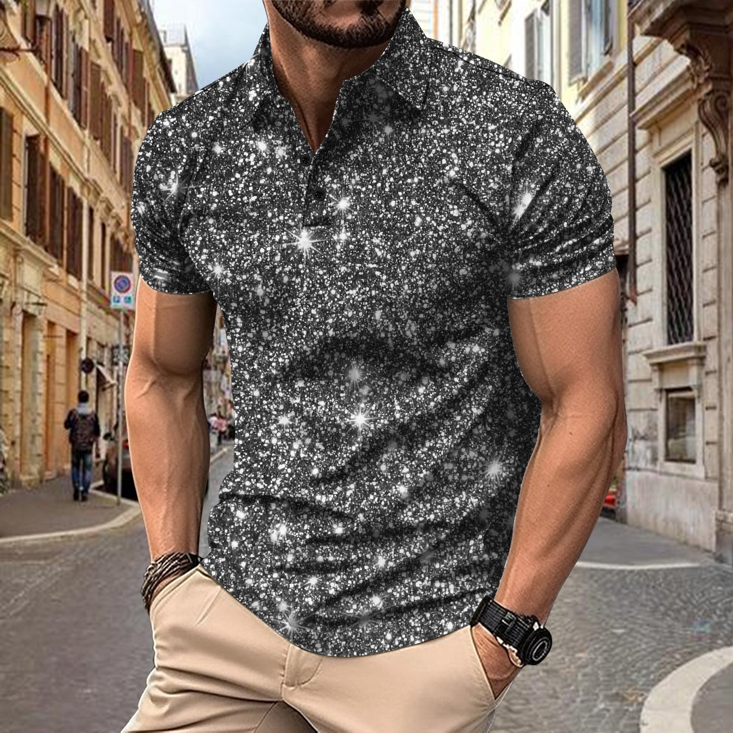 Polo Shirt Digital Printing Button Street Casual T-shirt Gray GlamzKart