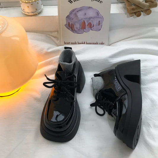 Women With Thick High Heels And Lace Up Small Leather Shoes 1 Style GlamzKart