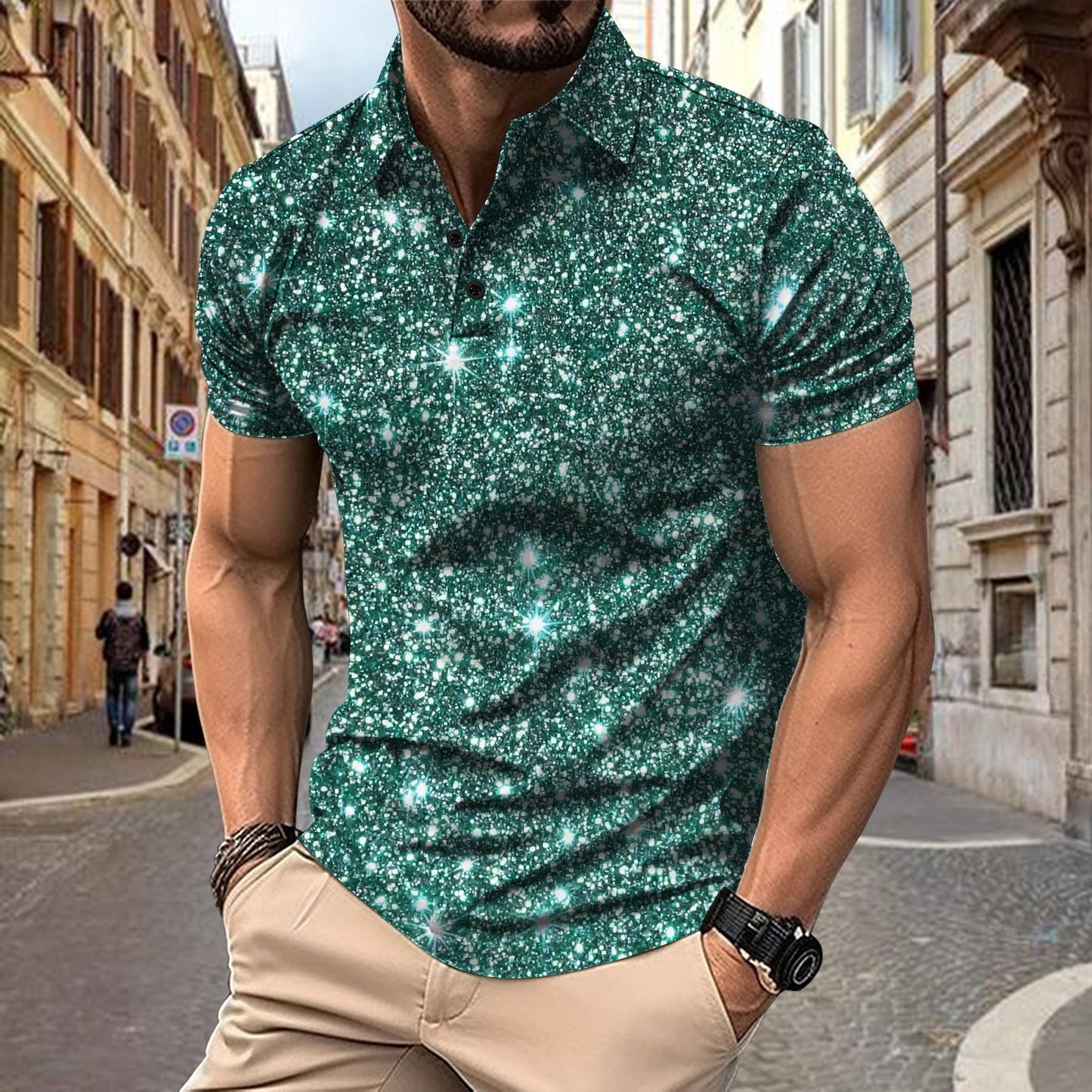 Polo Shirt Digital Printing Button Street Casual T-shirt Dark Green GlamzKart