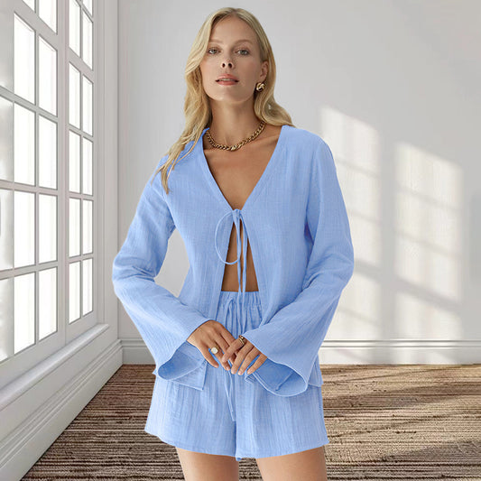 Long Sleeve Shorts Suit Cardigan Lace-up Home Wear Pure Cotton GlamzKart