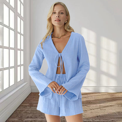 Long Sleeve Shorts Suit Cardigan Lace-up Home Wear Pure Cotton Blue GlamzKart