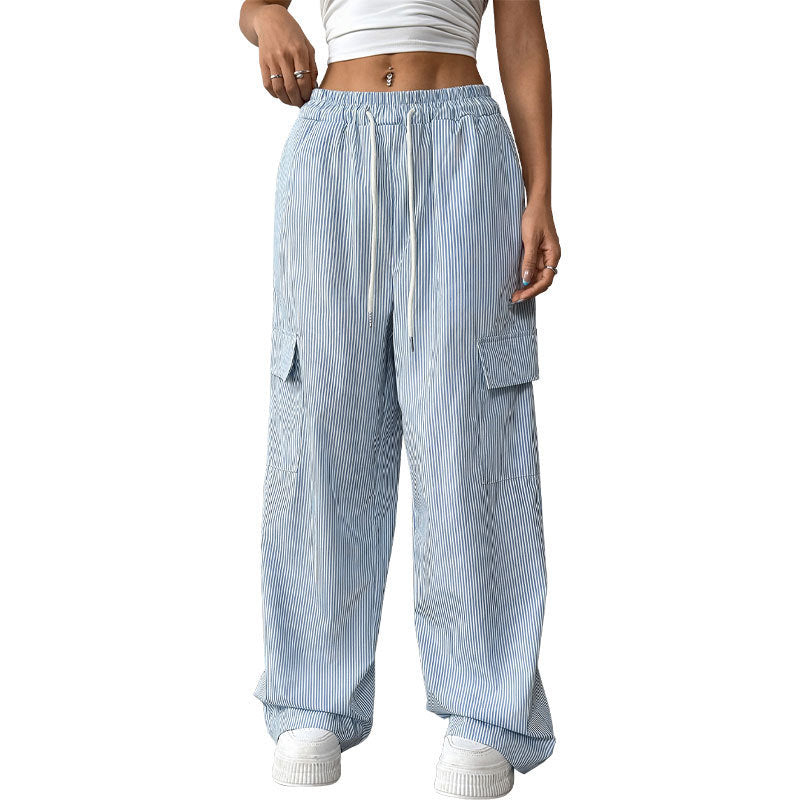 Women's Casual Elastic Striped Pocket Trousers GlamzKart