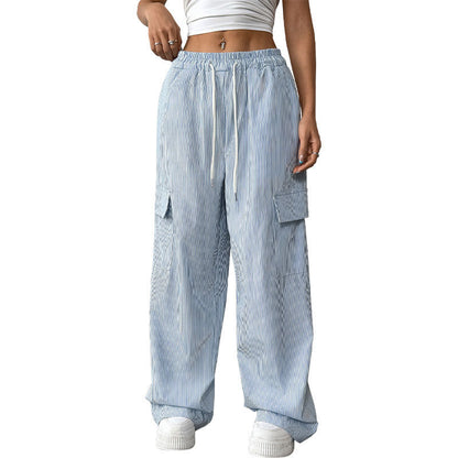 Women's Casual Elastic Striped Pocket Trousers GlamzKart