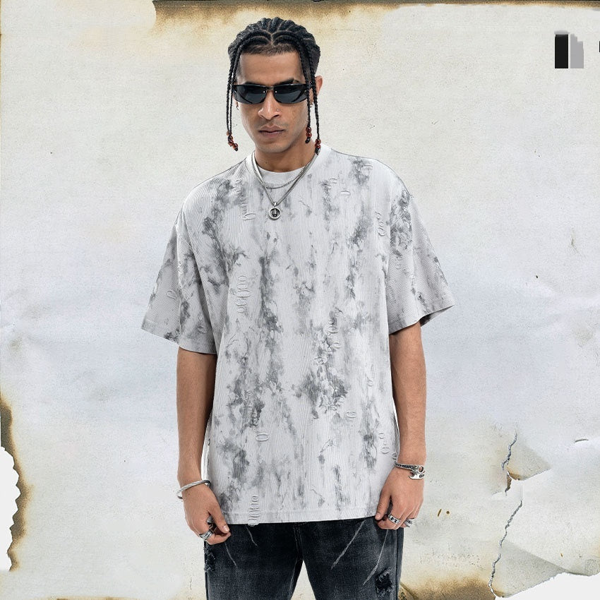Ripped Edging Design Small Neckline Loose National Fashion Short Sleeve T-shirt GlamzKart