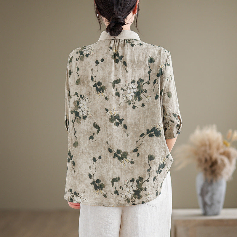 Women's Short-sleeved Shirt Cotton And Linen Style Top GlamzKart