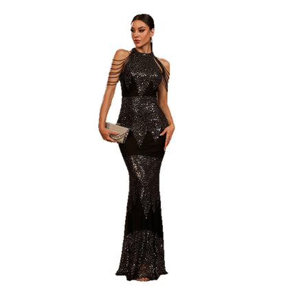 Halter Sequin Beads Slim-fit Evening Dress GlamzKart