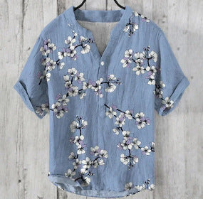 Printed V-neck Men's 3 Breasted Pullover Short Sleeve Shirt ZZ65 GlamzKart