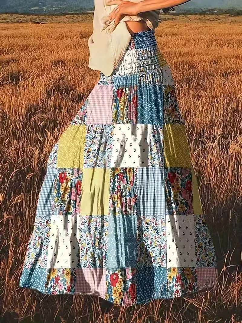 Printed Stitching Women's Popular Floral Skirt Long Skirt Color GlamzKart