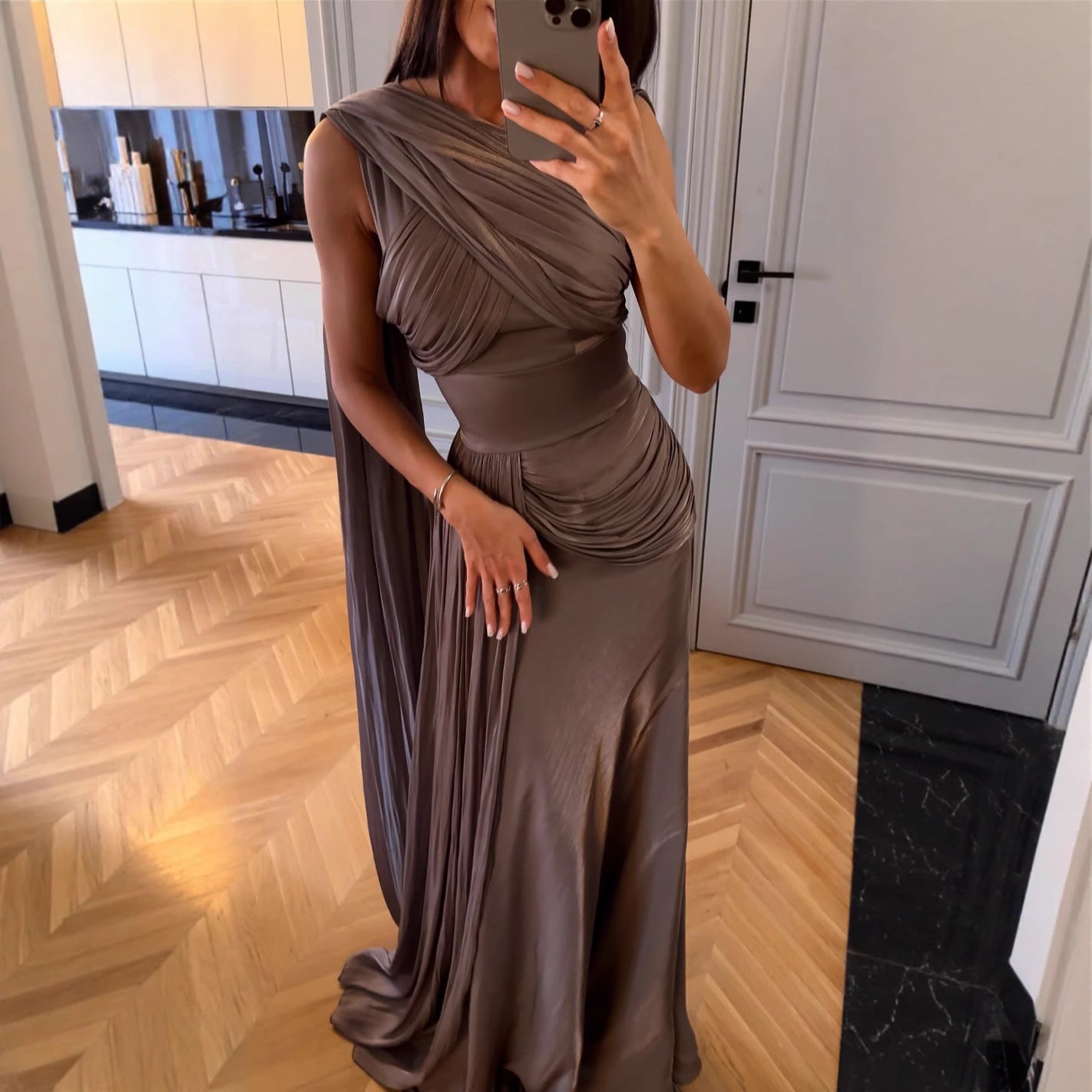 Pleated Ribbon Satin Evening Dress GlamzKart