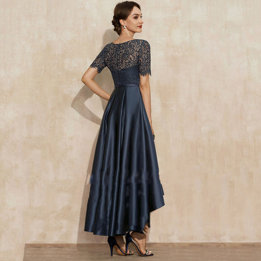 Navy Blue Satin Ball Lace Short Sleeve Dress GlamzKart