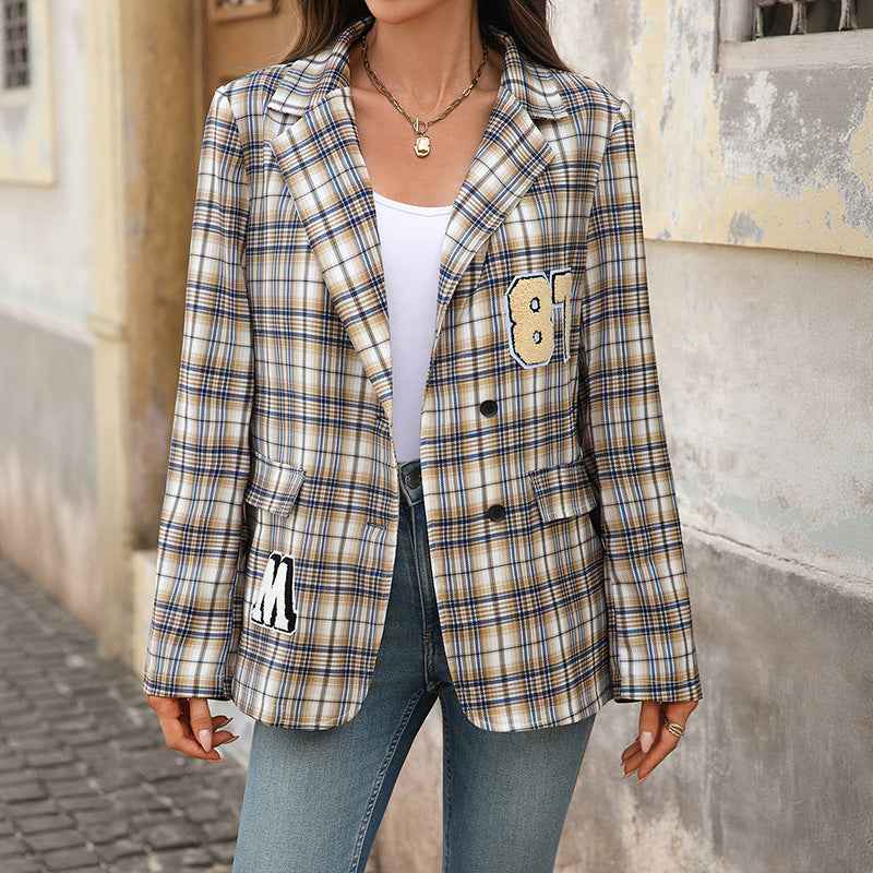 College Style Fashion Suit Plaid Coat For Women