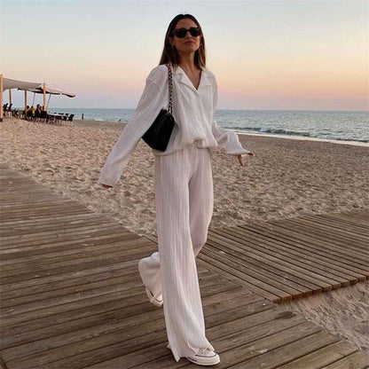 Shirt Straight-leg Trousers Two-piece Set For Women