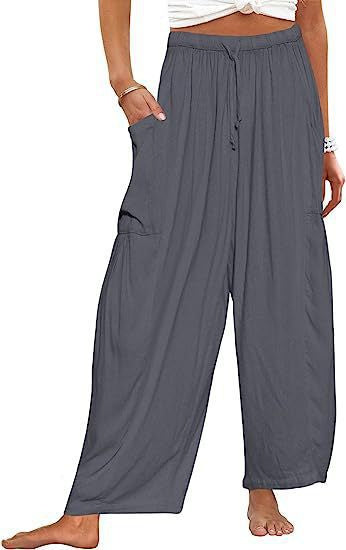 Stretched-waist Pleated High-waisted Wide-leg Loose Casual Cotton And Linen Long Pants Grey GlamzKart