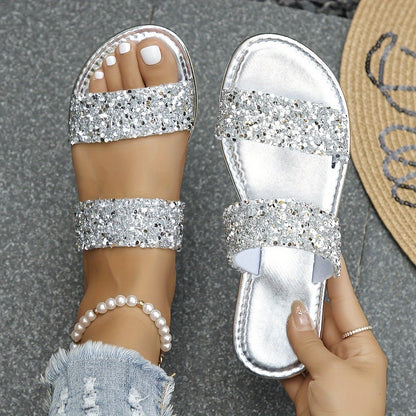Rhinestone Lightweight Flat Slides - Women's Double Bands Silvery GlamzKart