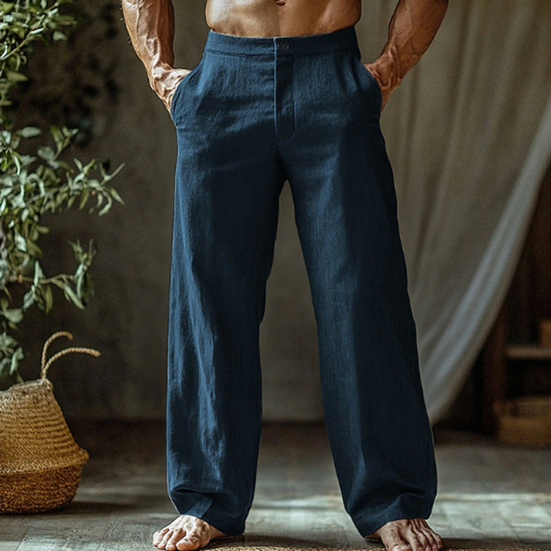 Men's Linen Button Slant Pocket Breathable Trousers Navy Blue GlamzKart