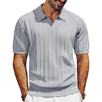 Men's Breathable V-neck Hollow Lapel Knitwear Light Gray GlamzKart