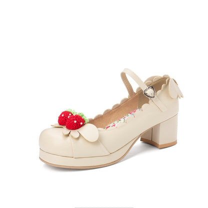 Retro Round Head Chunky Heel Mary Jane Shoes Beige GlamzKart