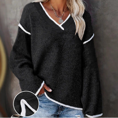 V-neck Color-contrasting Stripe Loose Casual Plus Size Women's Knitted Blouse Black GlamzKart
