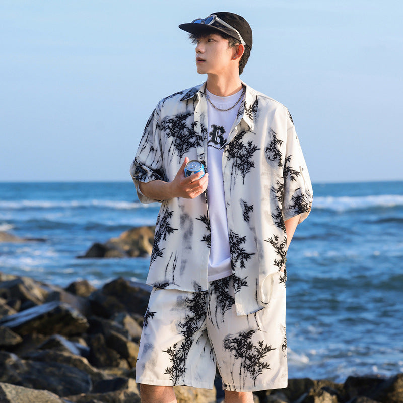 Ice Silk Tie-dye Sports Suit Men's Short-sleeve Shirt Beach Shorts Two-piece Set GlamzKart
