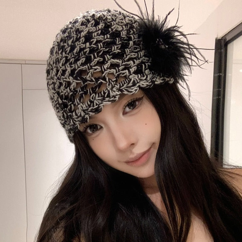 French Retro Black Feather Hand-woven Knitted Hat GlamzKart
