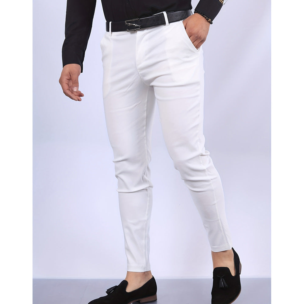 Men's Solid Color Faux Pocket Formal Casual Pants White GlamzKart