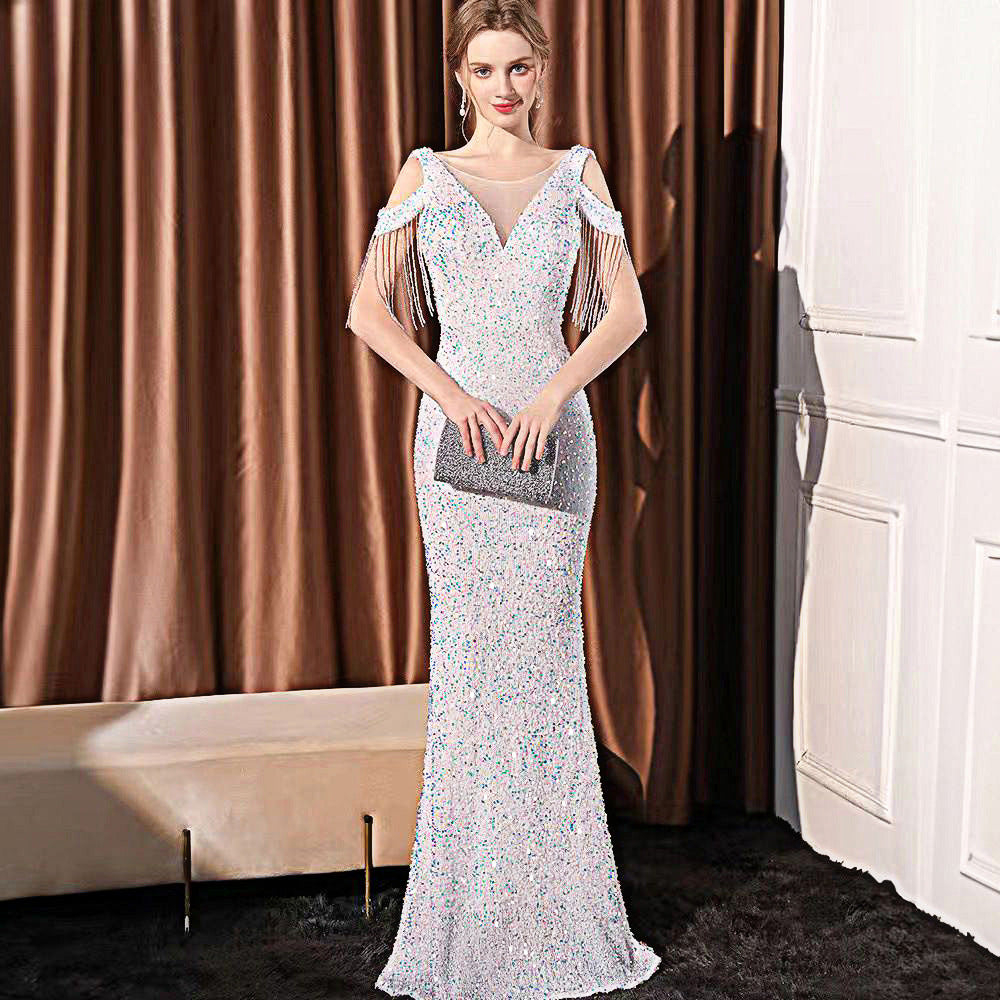 Sequin Long Slim Slimming Fishtail Dress White 18580 GlamzKart