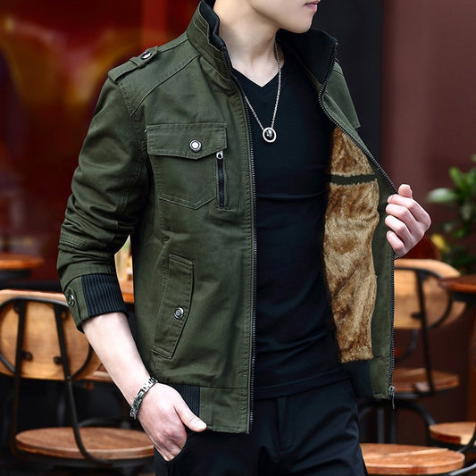 Fleece-lined Thickened Korean Style Casual Polo Collar Flight Jacket Warm-keeping Cotton Clothing GlamzKart