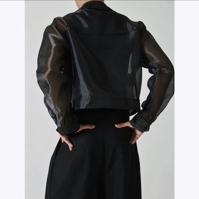 Lapel Mesh Hooded Long-sleeved Jacket GlamzKart