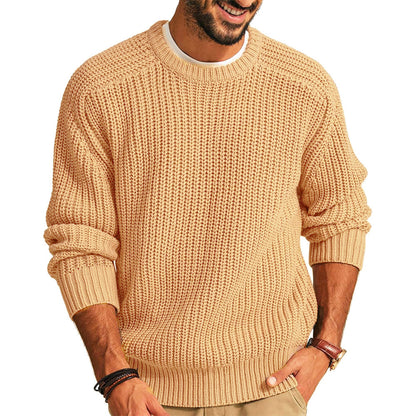 Men's Solid Color Long Sleeve Round Neck Fashion Sweater Loose Retro Sweater Khaki GlamzKart