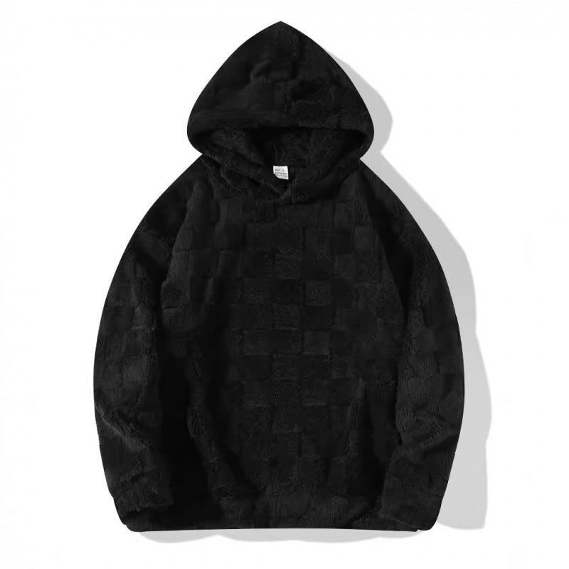 European Size Large Plaid Hooded Loose Sweater Black top GlamzKart