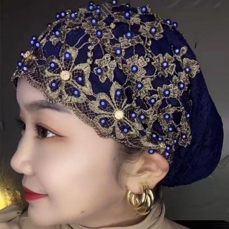 Beaded Cap Scarf Pullover Convenient Toque Sapphire Blue Free Size GlamzKart