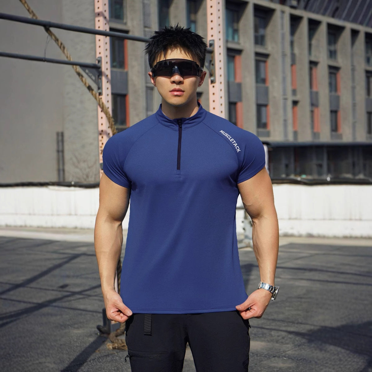 Short Sleeve Outdoor Sports Half Zipper Stand Collar T-shirt Navy Blue GlamzKart