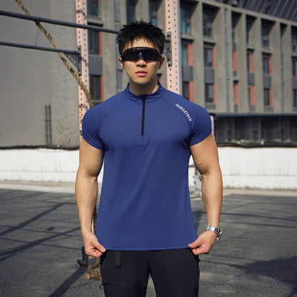 Short Sleeve Outdoor Sports Half Zipper Stand Collar T-shirt Navy Blue GlamzKart