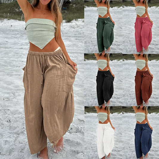 Elastic Pleated High Waist Cotton Linen Wide Leg Pants GlamzKart