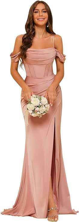 Off-the-shoulder Satin Bridesmaid Corset Ball Gown Dusty Rose GlamzKart