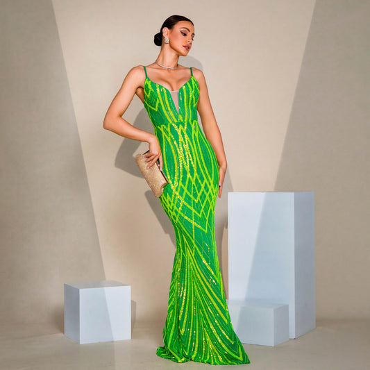V-neck Strap Sequined Fishtail Evening Dress GlamzKart