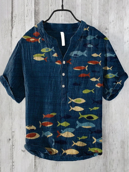 Printed V-neck Men's 3 Breasted Pullover Short Sleeve Shirt ZC47 GlamzKart
